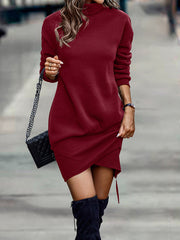 Long Sleeve Dress Solid Color High Neck Cross