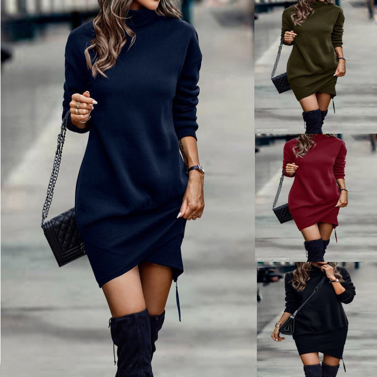 Long Sleeve Dress Solid Color High Neck Cross