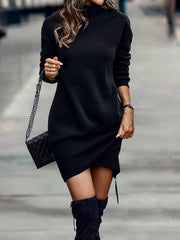 Long Sleeve Dress Solid Color High Neck Cross